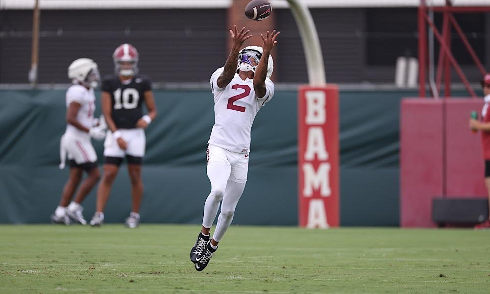 Alabama WR Ryan Williams (#2) makes a catch in fall camp.