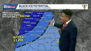 Black Ice Potential in Alabama: Wind chills drop to the teens and twenties, a cold weather forecast