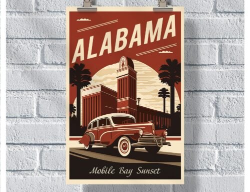 Alabama Travel Poster, Mobile Bay Sunset Poster, Alabama Vintage Poster, Wall Decor, State Poster, Alabama Print, Alabama Retro Poster