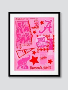 University of Alabama Wall Art – Roll Tide Poster with Pink & Red College Spirit Design for Dorms and Apartments
