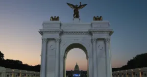 A federal judge continues to weigh construction of the Trump arch