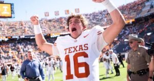 Texas quarterback Arch Manning (16) celebrates after a college footba…