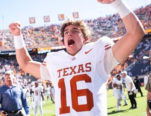 Texas quarterback Arch Manning (16) celebrates after a college footba…
