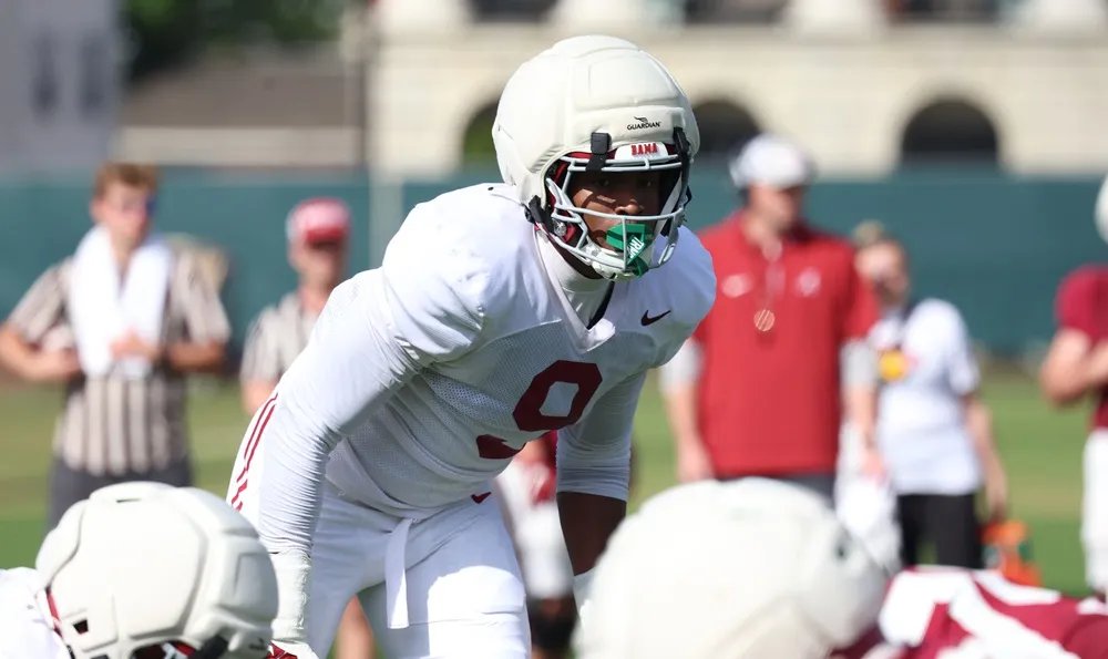 Alabama transfer edge rusher Desmond Umeozulu (No. 9) has been giving a new Tide starting OL a challenge.